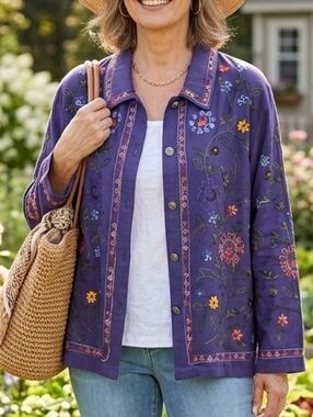 Vtg Tantrums Collection Silk Blend Embroidered Floral Jacket Boho Art to Wear XL